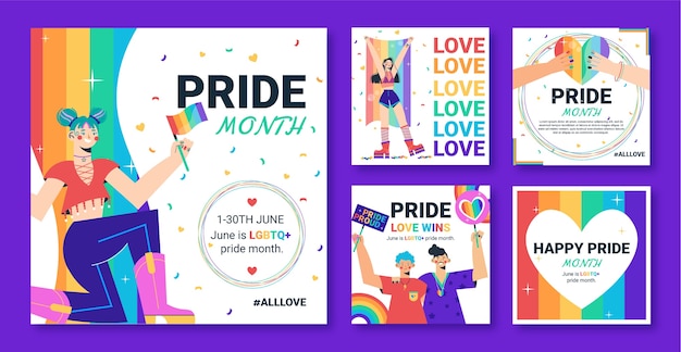 Flat pride month instagram posts collection