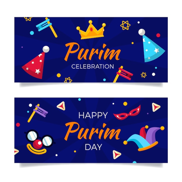 Flat purim horizontal banners set