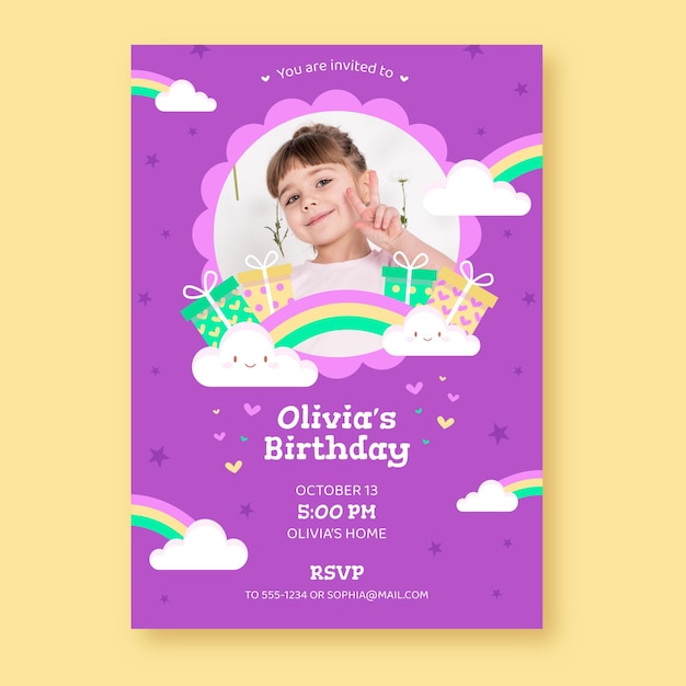 Flat rainbow birthday invitation with photo