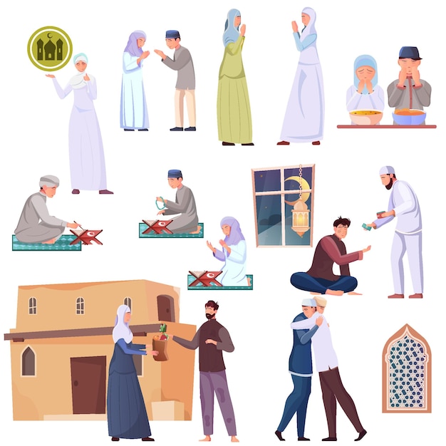 Vector flat ramadan icons set with muslim people praying donating money and food having iftar greeting each other isolated vector illustration