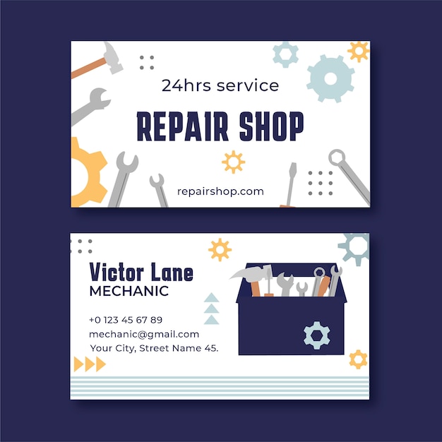 Flat repair shop business horizontal business card template