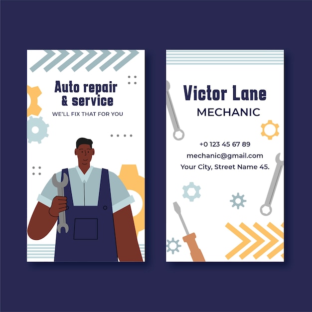 Flat repair shop business vertical business card template