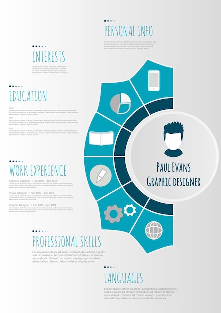 Flat resume infographic design. Resume cv set with Infographics and Timeline. Clean vector