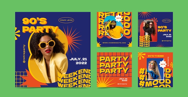 Flat retro 90s party instagram posts collection