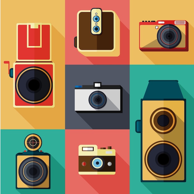 Flat retro cameras in colored style