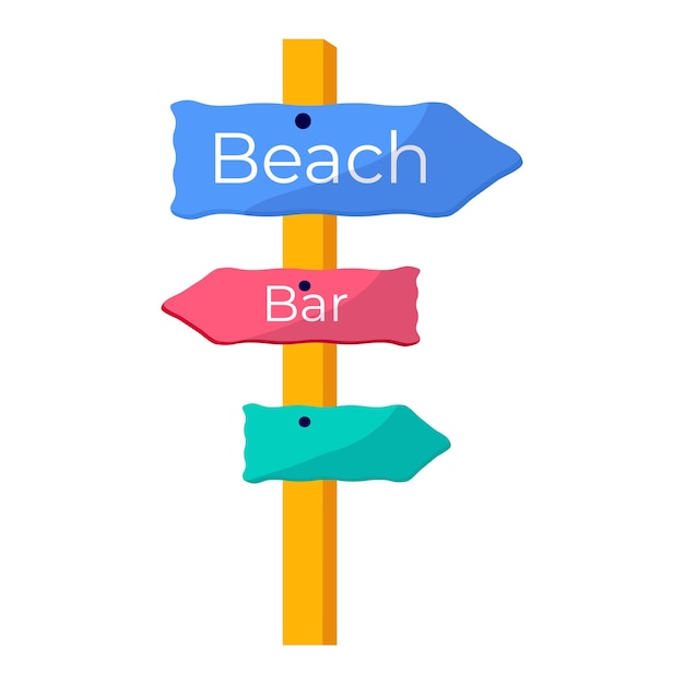 Flat road sign to summer beach and bar Concept of summer sports and leisure outdoor activities walking Flat vector