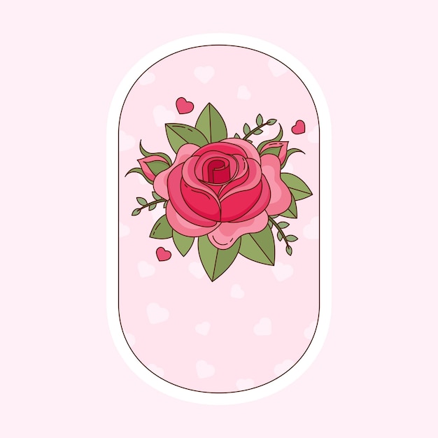 Flat Rose Flower With Leaves And Hearts Over Pink Oval Background