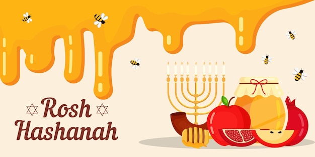 Flat rosh hashanah background illustration with melted honey fruits and bee