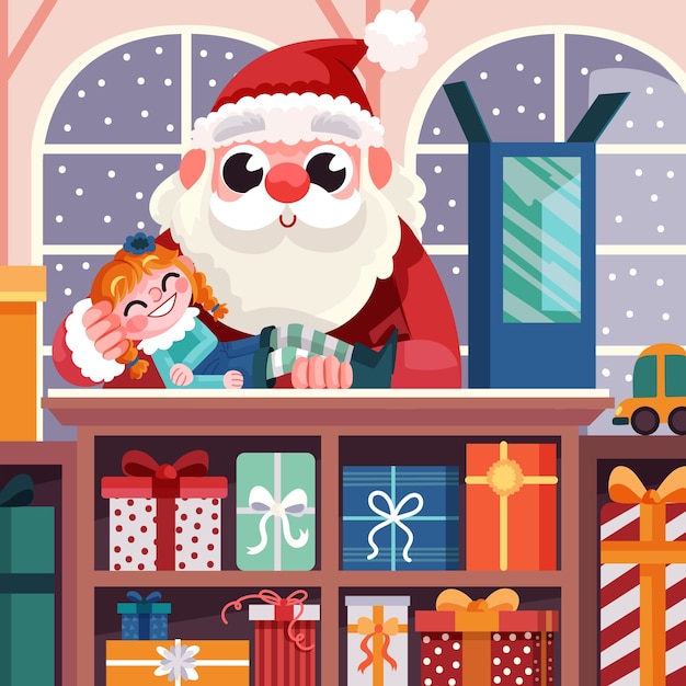 Flat santa workshop illustration