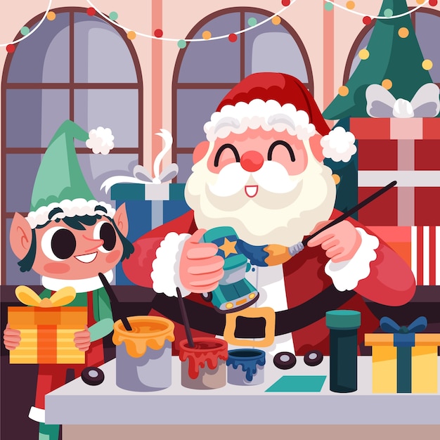 Flat santa workshop illustration