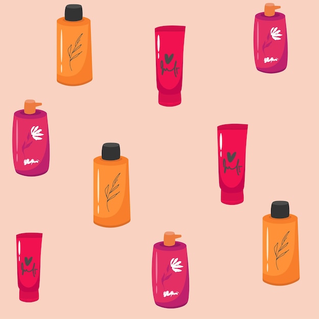 Flat seamless pattern cartoon of cream tubes with hand cream, , cosmetic bottles, cosmetic