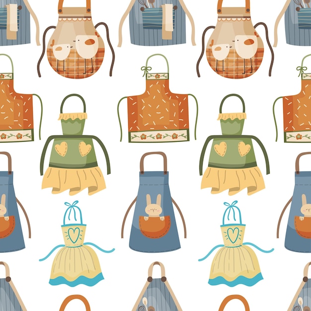 Flat seamless pattern of cooking aprons in cartoon handdrawn style