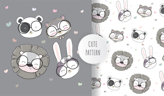 Flat seamless pattern cute animals face