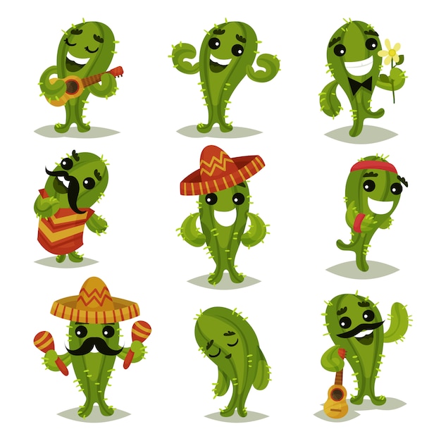 Flat  set of funny green cacti in different actions. Cartoon characters of humanized succulent plants