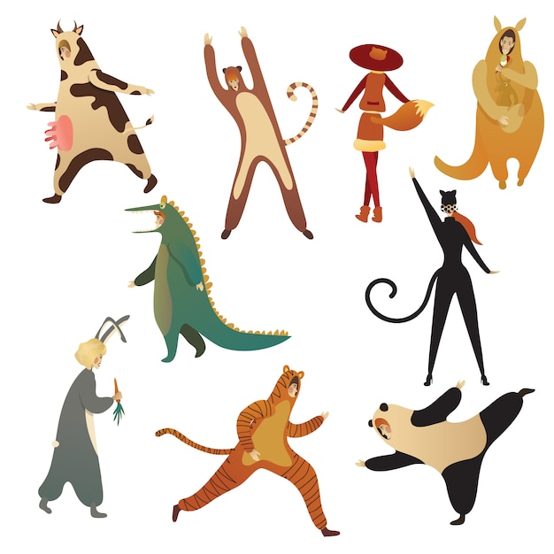 Flat   set of men and women in animal costumes. Outfits for Halloween party. Cartoon people characters