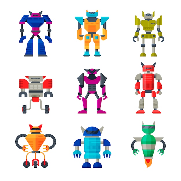 Flat set of robot transformers. Futuristic metal androids. Artificial intelligence. Elements for mobile game