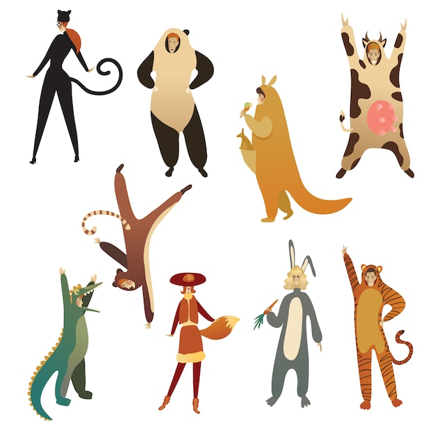 Flat   set of young people in animal costumes. Cartoon men and women in clothing for carnival