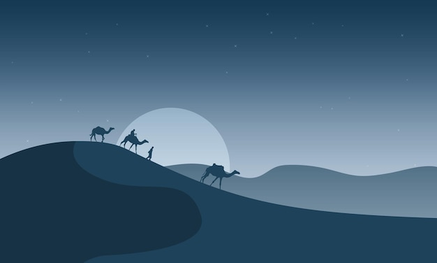 Flat silhouette desert with camels landscape for islamic event background