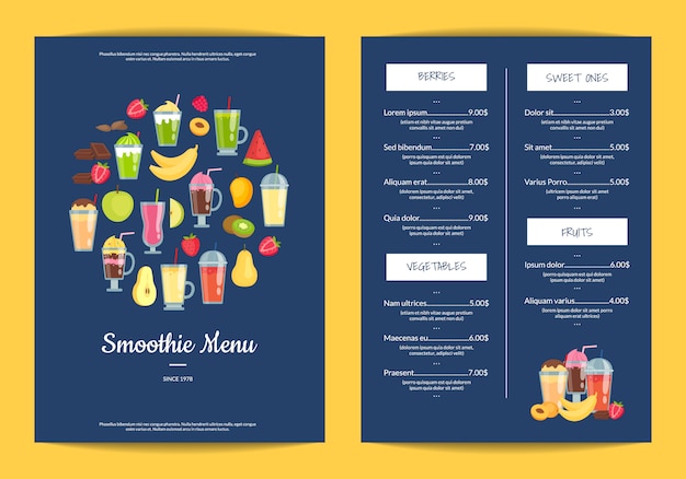 flat smoothie elements cafe or restaurant menu  