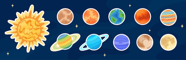 Flat solar system planet art sticker set comic space sphere vector patch cartoon round celestial