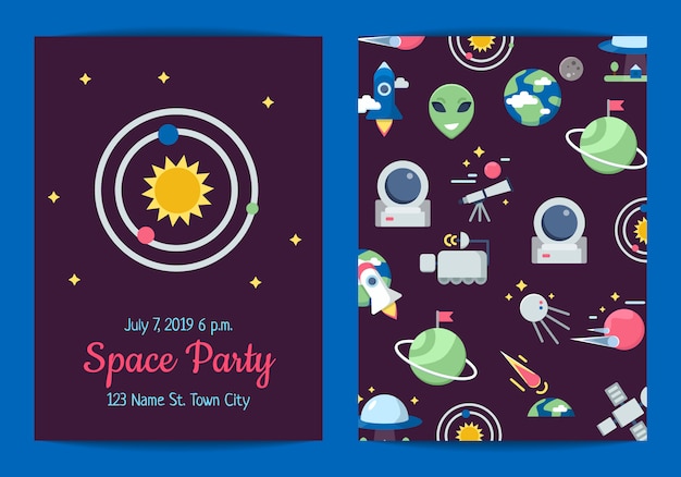 flat space icons party invitation  card