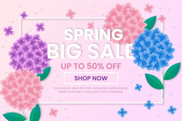 Flat spring big sale with hydrangeas illustration banner