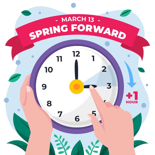 Flat spring forward illustration with clock