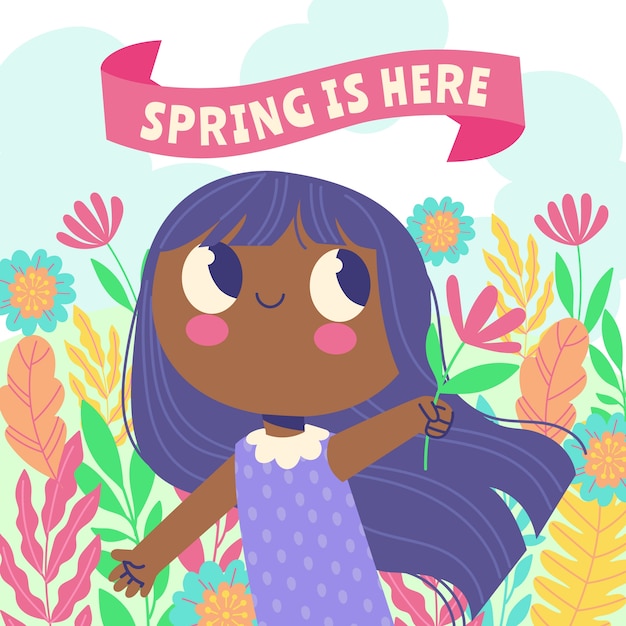 Flat spring illustration with little girl