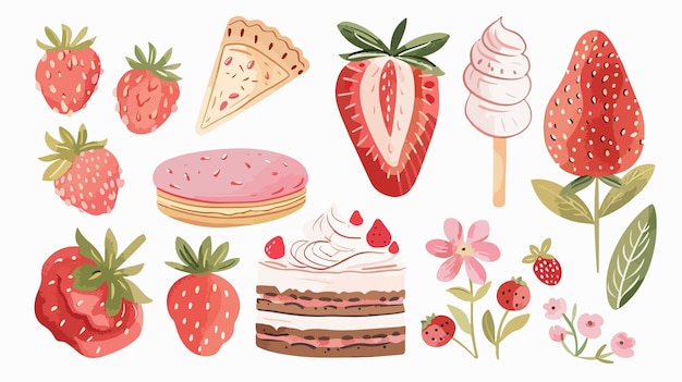 Vector flat strawberry illustrations collection of tasty desserts