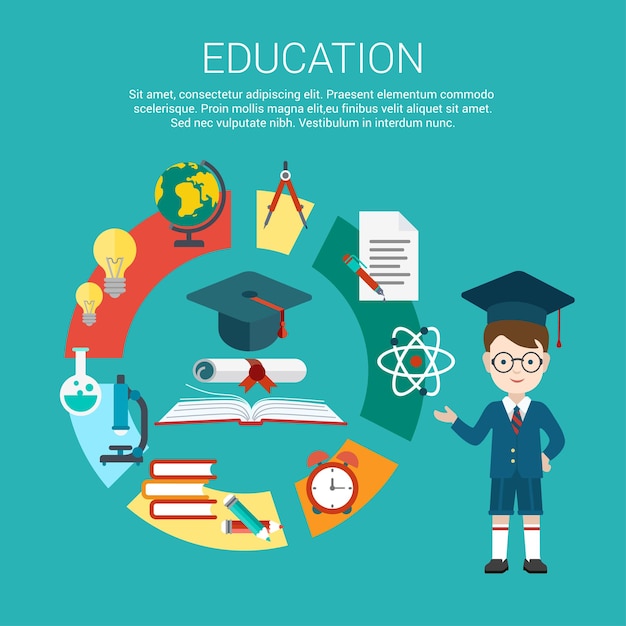 Flat student point to education process cycle and graduation certificate achievement  illustration. Educational and knowledge infographics concept.