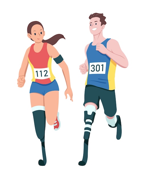 Vector flat style amputee runners cartoon illustration