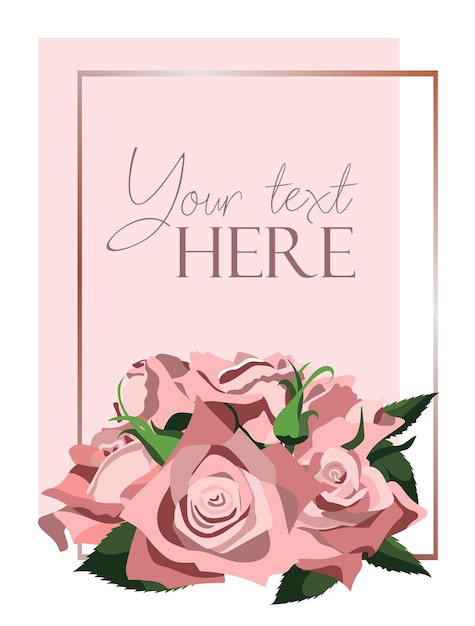 Flat style background template with pink roses bunch on pink background with rose gold frame