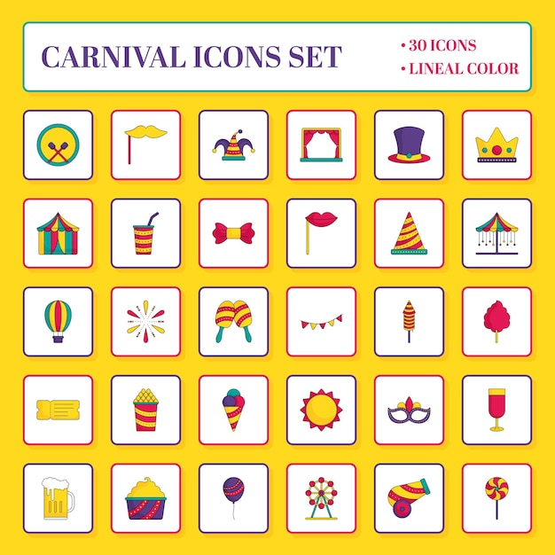 Flat Style Carnival Sqaure Icon Set In Yellow Background