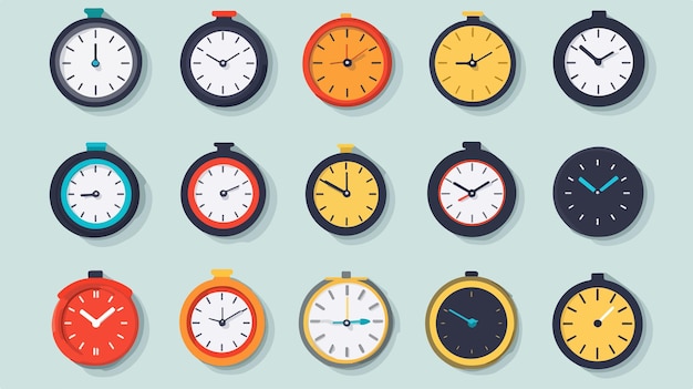 Flat Style Clock Icons Vector Illustration