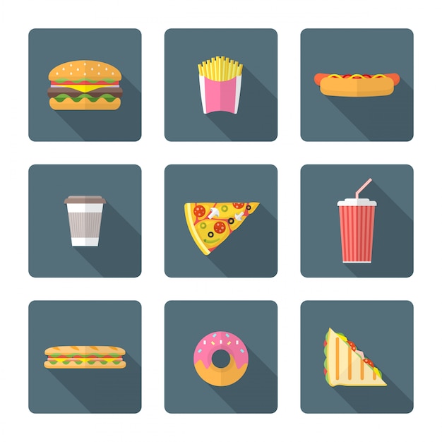 Flat style colored various fast food icons collection