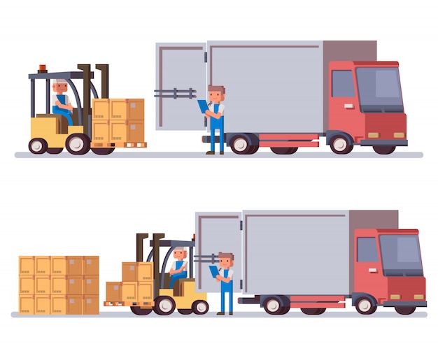 Flat style delivery truck and forklift loading 