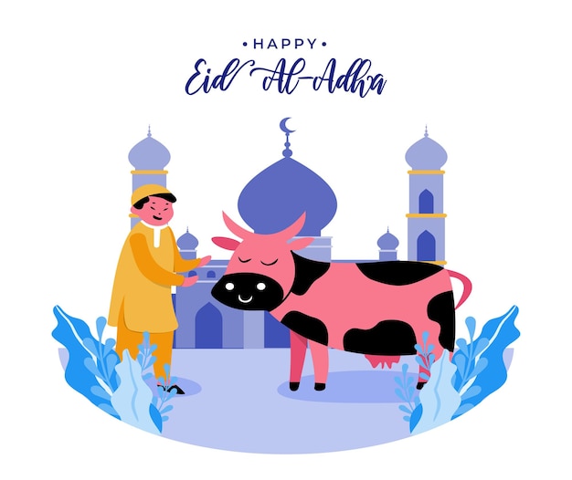 Flat style eid al-adha mubarak illustration with muslim boy and cow