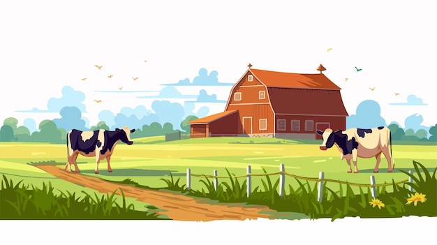 Flat Style Farm Illustration with Cows