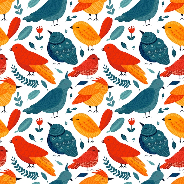 Flat style folk art birds seamless pattern Vector pattern with colorful birds in folk art style