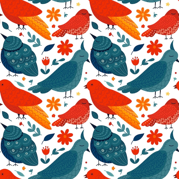 Vector flat style folk art birds seamless pattern vector pattern with colorful birds in folk art style