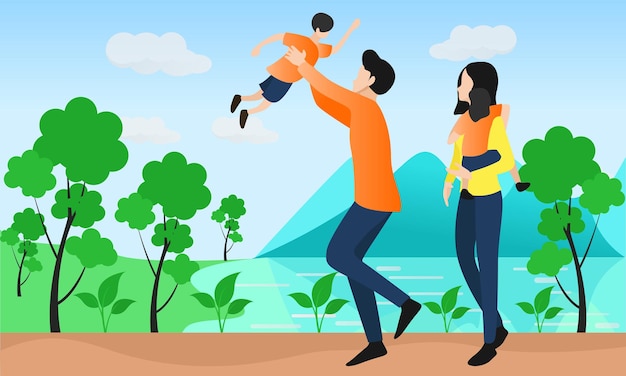 Flat style illustration of father and mother holding their children looking happy