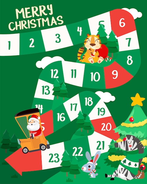  flat style illustration of Merry Christmas with animals board game. 