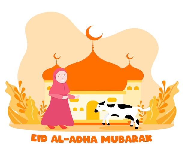 Flat style illustration of muslim girl with sacrifice animal cow for eid al adha greeting concept islamic holiday