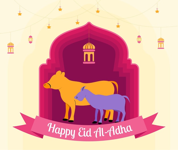 Flat style illustration of sacrifice animal cow and goat for eid al adha greeting concept islamic holiday