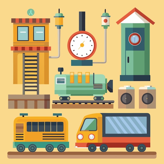 Vector flat style illustration of a train station including a train engine a control tower and two passenger train cars