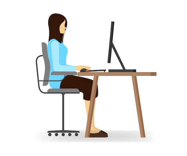 Flat style illustration of a woman sitting and working with her computer