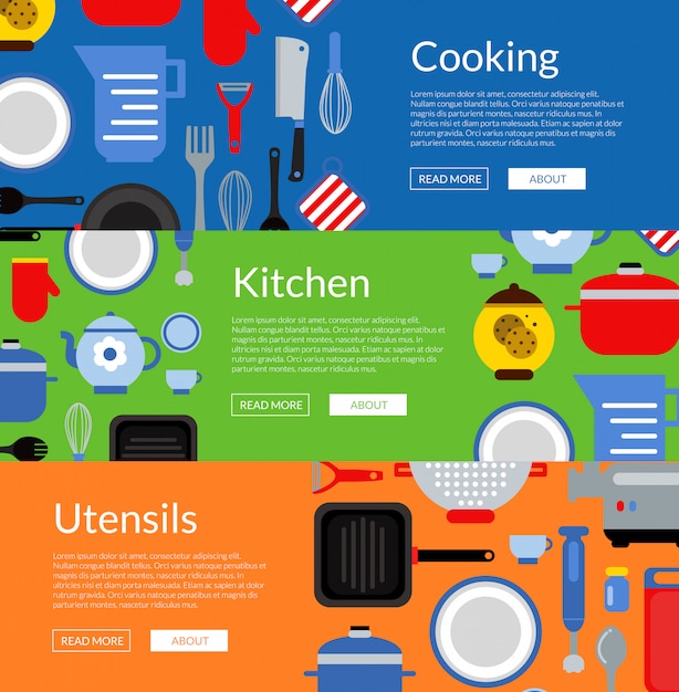 flat style kitchen utensils horizontal web banners and poster illustration