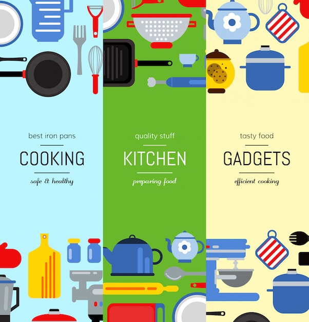 flat style kitchen utensils vertical web banners illustration. Colored banner or poster of set