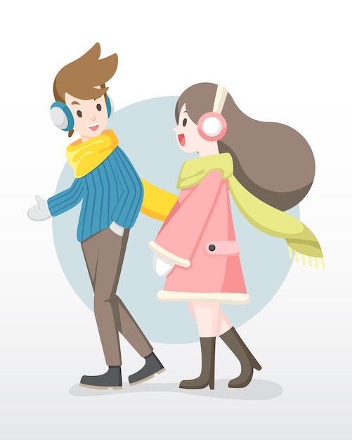 Flat style man and woman in winter apparel enjoy talking to each other illustration