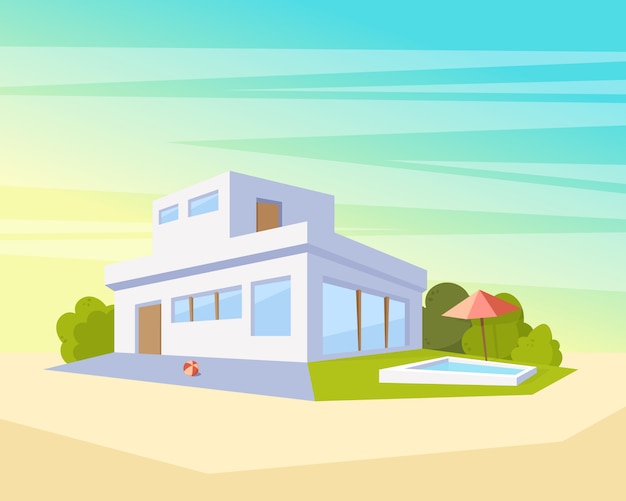 Flat Style Modern Architecture House with Pool and Green Lawn. Beautiful Landscape  Drawing in The Perspective View